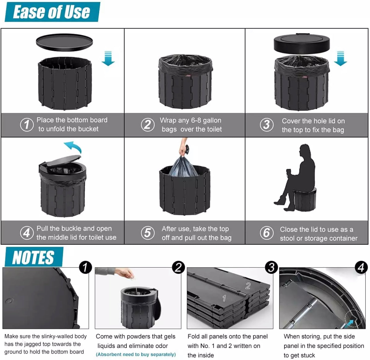 Portable Folding Toilet /1 Bundles of Trash Bag